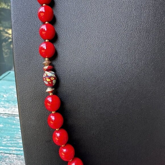 Fashion Necklace Red‎ Glass Millefiori Venetian Metal Spacer Beads Floral 31" - Picture 7 of 9